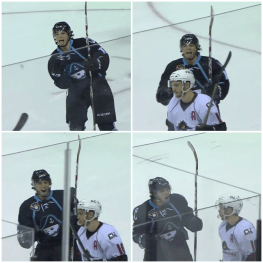 Kevin Fiala celebrates his game-winning goal in overtime on the road against the Lake Erie Monsters on 4/1/15 by screaming at Andrew  Agozzino.
