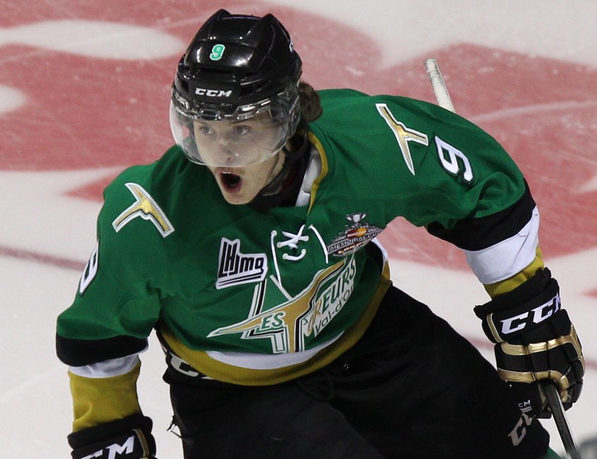 Val-d'Or Foreurs Anthony Richard celebrates his game winning goal on Edmonton Oil Kings goalie Tristan Jarry during second overtime period Memorial Cup hockey action in London, Ont., Tuesday, May 20, 2014. THE CANADIAN PRESS/Dave Chidley
